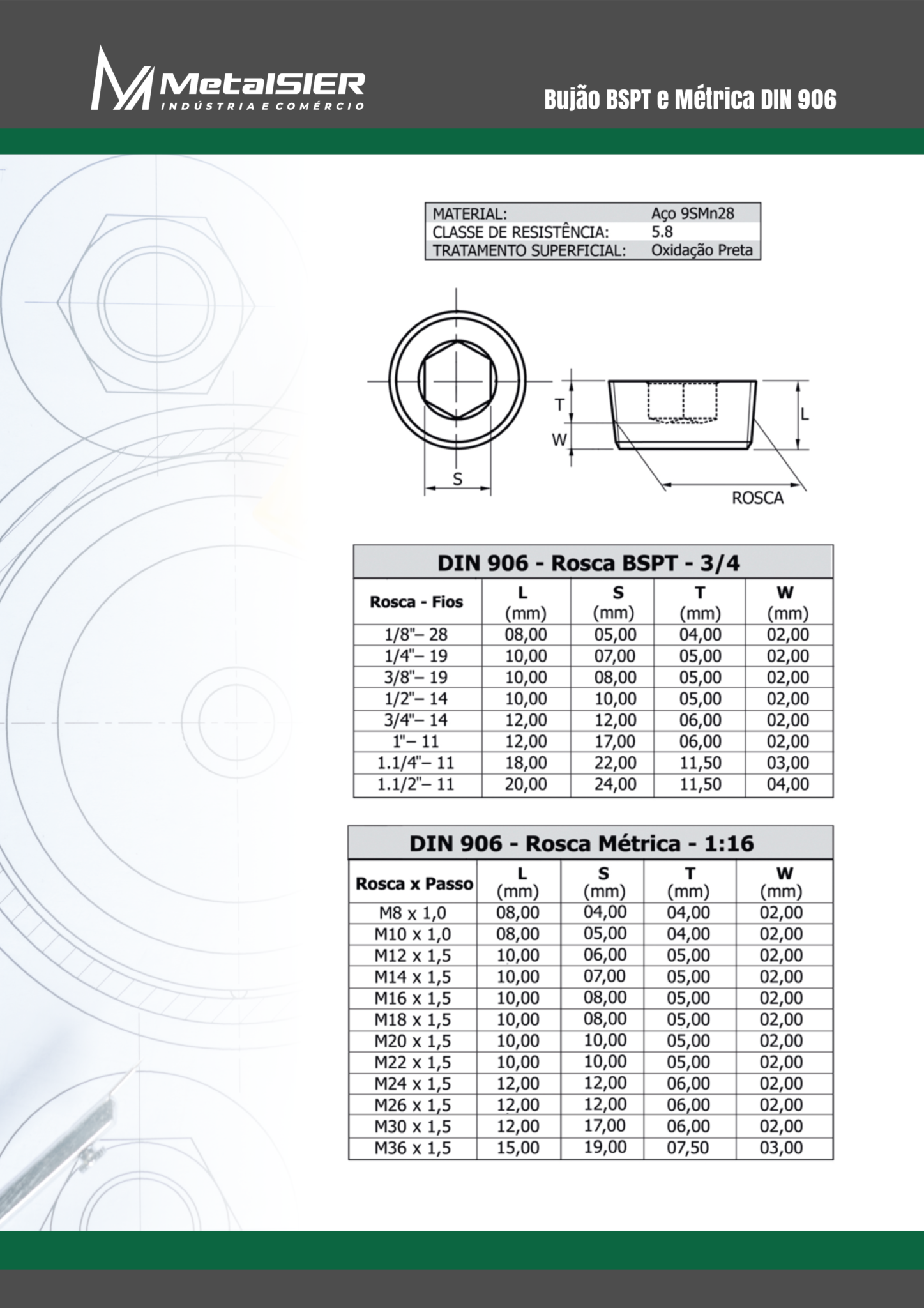 Bujão BSPT e Métrica DIN 906 – MetalSIER